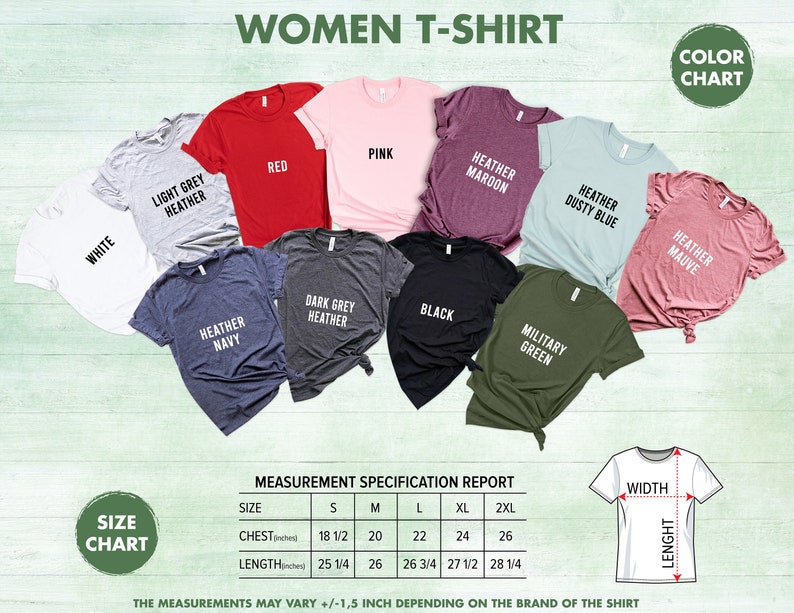 Op de afbeelding: Een maattabel voor dames T-shirts met metingen in inches. De tabel toont de borst- en lengtemaat voor maten S, M, L, XL, 2XL. De tabel bevat ook een visuele weergave van de metingen op een T-shirt.
