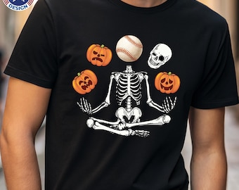 Halloween Skeleton Pumpkin Baseball Shirt Tee, Funny Skeleton Shirt, Yoga Halloween Shirt, Skeleton Meditation Tee, Headless Skeleton Shirt