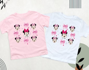 Camiseta con lazo rosa de Minnie Coquette de Disney, camiseta infantil de Minnie Mouse, camiseta Disney con lazo rosa, camiseta a juego para madre e hija. Camiseta con lazo de Minnie Coquette.