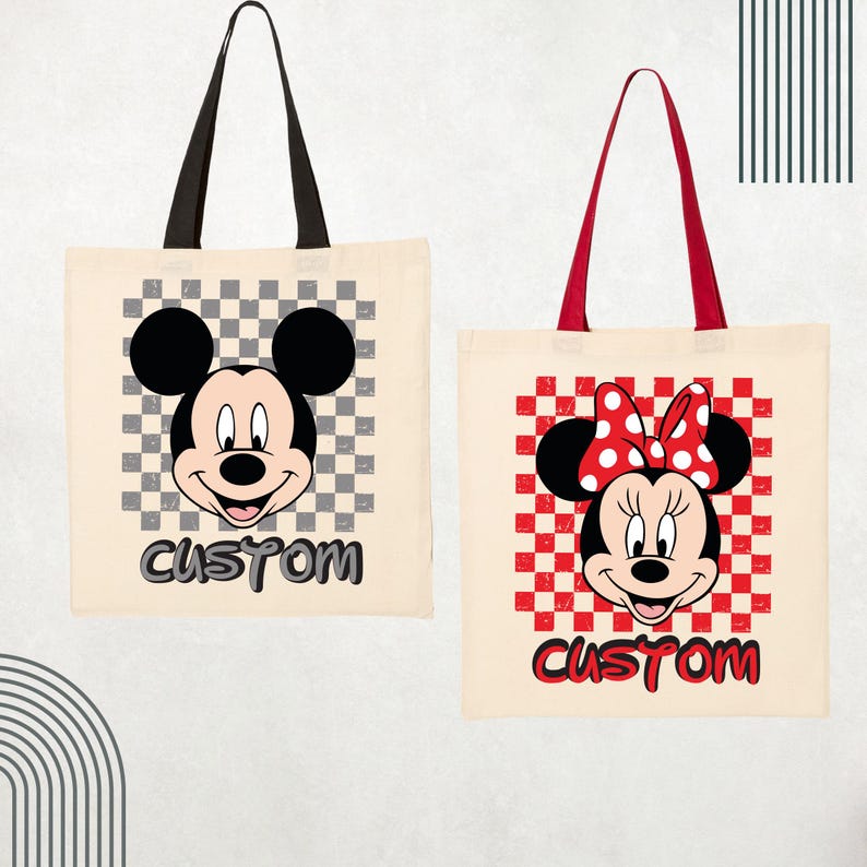 May include: Two off-white canvas tote bags. The left bag has black handles and a graphic of a mouse face over a gray checkered square with the word CUSTOM below. The right bag has red handles and a graphic of a mouse with a red polka dot bow over a red checkered square with the word CUSTOM below.