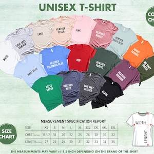 Op de afbeelding: Unisex t-shirt maattabel met metingen in inches. De tabel toont de borst- en lengtemaat voor maten XS tot 5XL. De tabel bevat ook een kleurenkaart met 16 verschillende kleuren t-shirts.