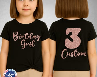 Personalized Glitter 3rd Birthday Girl Sparkly Shirt Tee, Rose Gold  Age Front And Back Birthday Tee, Kids Birthday My 3rd Birthday Tshirt