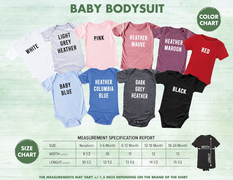 Pu&ograve; includere: Una tabella di taglie per body per neonati con misure in pollici. La tabella mostra la larghezza e la lunghezza dei body in diverse taglie, da neonato a 18-24 mesi. I body sono disponibili in una variet&agrave; di colori, tra cui bianco, grigio chiaro melange, rosa, malva melange, marrone melange, rosso, blu bambino, blu columbia melange, grigio scuro melange, nero.