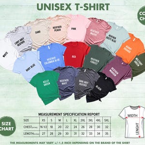 May include: Unisex t-shirt size chart with measurements in inches. The chart shows the chest and length measurements for sizes XS to 5XL. The chart also includes a colour chart with 16 different colours of t-shirts.