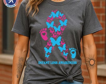 Infant Loss Awareness Pregnancy And Baby Loss Support Tee Shirt, In October We Wear Pink Blue Butterfly Ribbon Tee Baby Loss Walk Tshirt Tee