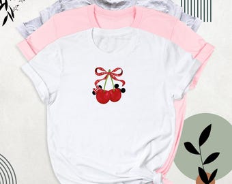Disney Cherry Mickey Minnie Valentines Shirt Tee, Cherry Disney Bow Shirts, Coquette Cherry Mouse Ears Shirt, Disney Minnie Cherry Shirt Tee