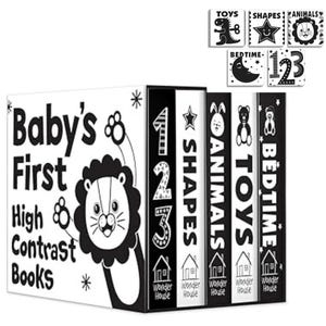 May include: Set of six black and white high contrast baby books with titles "123", "Shapes", "Animals", "Toys", "Bedtime" and "Baby's First High Contrast Books".