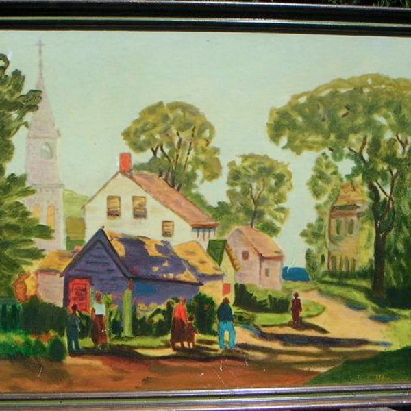 Pintura al óleo del pueblo americano Vintage