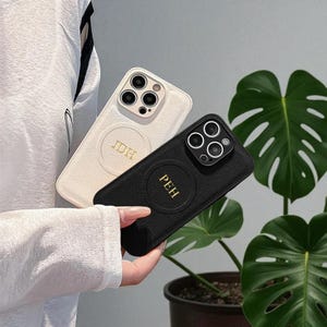 Custom Leather iPhone Case with MagSafe, Personalized Phone Case with Gold Foil Initials Monogram,  Gift Idea for iPhone 16 15 14 13 Pro Max