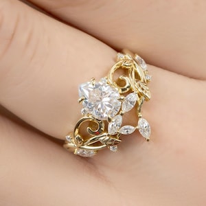 Fairy Vine Moissanite Engagement Ring 10K Gold – Nature Leaf Wedding Ring for Her, Unique Bridal Jewelry, Elven Forest Style