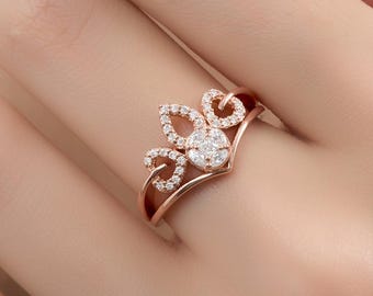 Rose Gold Moissanite Crown Ring: Vintage Princess Tiara Engagement Ring