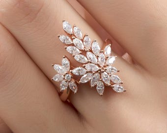 Moissanite Leaf Cocktail Ring: 925 Silver Boho Statement Jewelry