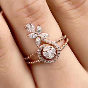 Blooming Vine Ring Set – Rose Gold Floral Engagement Ring – Leaf and Petal Moissanite Bridal Jewelry – Handmade for Her