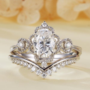 Unique 18K White Gold Bridal Set Moissanite Engagement Ring Art Deco Ring Milgrain Vine Vintage Oval Moissanite Ring Set Antique 2pcs