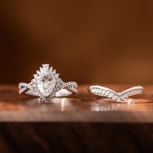 Pear Moissanite Engagement Ring Set: White Gold Bridal Wedding Anniversary