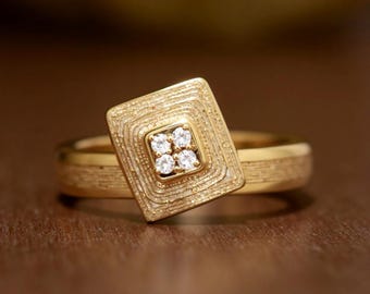 Anillo cuadrado geométrico de oro, anillo con racimo de diamantes estilo Art Déco