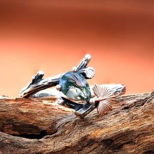 Custom Moss Agate Twig and Leaf Engagement Ring， Maple Leaf Sterling Silver Ring, Unique Handmade Vine Gemstone Ring, Gift for Her