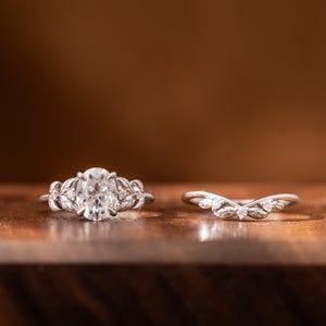 2.5 Carat Oval Moissanite Bridal Set: 14k White Gold Twig Leaf Ring