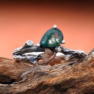 Benutzerdefinierte natürlicher Moosachat Zweig Verlobungsring, Ahornblatt Sterling Silber Ring, einzigartiger handgemachter Rebe Ring, Rebe Edelstein Ring Geschenk für sie