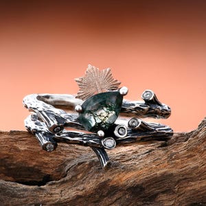 Zweig und Blatt Braut Set, Moosachat Zweig Ring, Moosachat Verlobungsring, Ahornblatt Ring