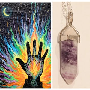 May include: A two-part image. The left side features a colorful painting of a hand with flames in a night sky with a crescent moon. The right side shows a purple and white crystal pendant on a silver chain.