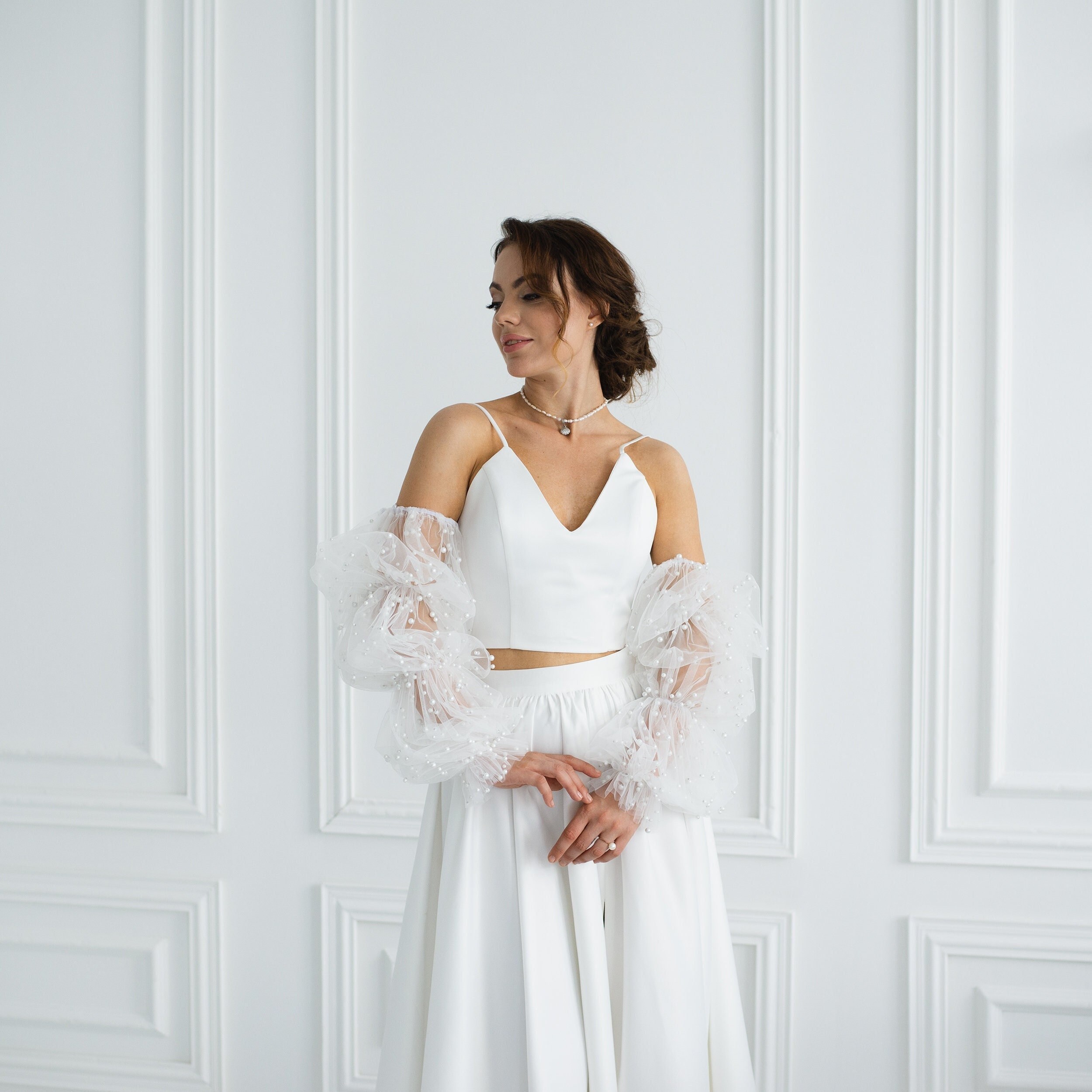 detachable beaded sleeves for wedding dress Gorgeous White Mermaid Off-The-Shoulder Strapless Beaded Long Sleeves Sequined Detachable Panel Train Long Tulle Wedding Dresses With Pearls And main image 1