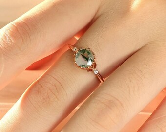 Vintage Round Cut Green Moss Agate Engagement Ring, 14k Rose Gold Vintage Engagement Ring, Cluster Promise Ring Women Wedding Anniversary