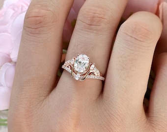 Vintage 14K Engagement Ring, Unique Moissanite Anniversary Ring, Oval Cut Wedding Bridal, Art deco Cluster Promise Ring for Women