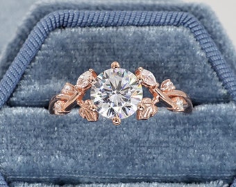 Nature Inspired Engagement Ring, Round Moissanite Leaf Band Wedding Ring, Unique Bridal Ring Set with Twig Ring Band for Women