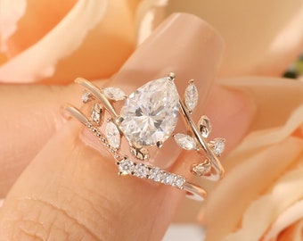 Nature Inspired Pear Shaped Engagement Ring Set, Vintage Twig Wedding Ring Set, Art deco Moissanite Anniversary Ring, Proposal Ring for Her