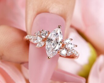Dainty Cluster Engagement Ring, Marquise Moissanite Art Deco Wedding Ring, Unique Vintage Bridal Ring, Pavé Wedding Ring Band for Women