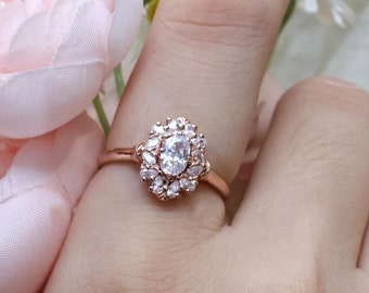 14K Vintage Engagement Ring, Solid Gold Oval Cut Wedding Ring, Natural Inspired Ring, Halo Moissanite Ring, Art Deco Floral Promise Ring