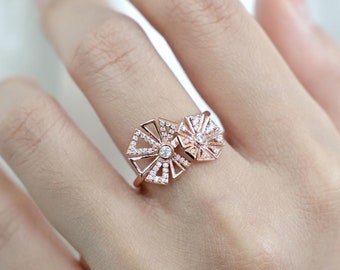 Floral Promise Ring, 14K Solid Gold Stackable Ring, Art deco Moissanite Stacking Ring, Unique Moissanite Ring, Delicate Anniversary Ring