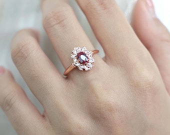 Halo Alexandrite Engagement Ring, Unique Cluster Wedding Ring, 14K Solid Gold  Bridal Ring, Art deco Anniversary Ring, Delicate Promise Ring