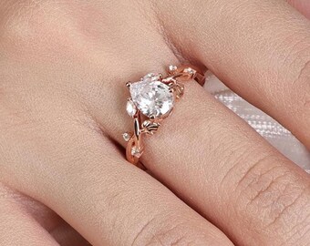 Nature Inspired Engagement Ring, Pear Moissanite Art Deco Wedding Ring, Unique Floral Bridal Ring Set with Twig Ring Band for Women