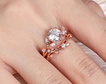 Nature Inspired Engagement Ring Set, Round Moissanite Art Deco Bridal Ring Set, Unique Floral Wedding Ring Set with Leaf Design Ring Band