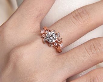 Nature Inspired Engagement Ring, Round Moissanite Art Deco Wedding Ring, Unique Floral Bridal Ring Set with Twig Ring Band for Women