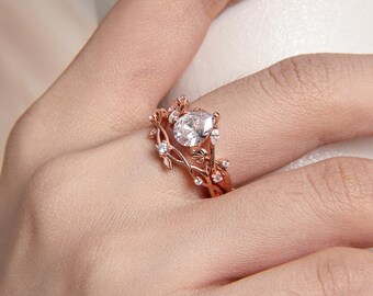 Nature Inspired Engagement Ring Set, Pear Moissanite Art Deco Bridal Ring Set, Unique Floral Wedding Ring Set with Twig Ring Band for Women