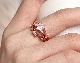 Nature Inspired Engagement Ring Set, Hexagon Moissanite Art Deco Bridal Ring Set, Unique Floral Wedding Ring Set with Twig Ring Band