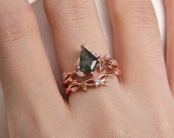 Nature Inspired Engagement Ring Set, Kite Cut Moss Agate Art Deco Bridal Ring Set, Unique Floral Wedding Ring Set with Twig Ring Band