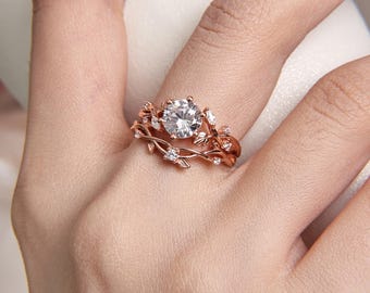 Nature Inspired Engagement Ring Set, Round Moissanite Art Deco Bridal Ring Set, Unique Floral Wedding Ring Set with Twig Ring Band for Women