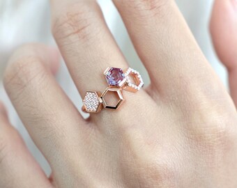 Geometrical Promise Ring, 14K Solid Gold Stackable Ring,  Art deco Alexandrite Stacking Ring, Unique Moissanite Ring, Anniversary Ring