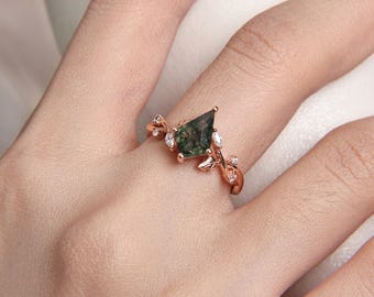 Nature Inspired Engagement Ring, Kite Cut Moss Agate Art Deco Wedding Ring, Unique Floral Bridal Ring Set with Twig Ring Band for Women