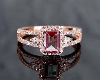 14K Emerald Cut Alexandrite Ring, Moissanite Halo Engagement Ring, Wedding Ring Unique, 14k Split Shank Ring, Anniversary Ring Handmade