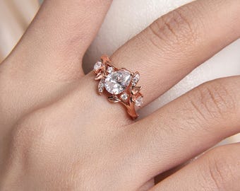Pear Moissanite Engagement Ring: Floral Twig Band, Art Deco Bridal Set