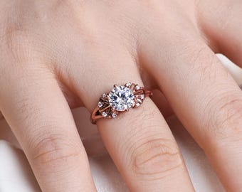 Dainty Cluster Engagement Ring, Round Moissanite Art Deco Wedding Ring, Unique Vintage Gold Bridal Ring, Pavé Wedding Ring Band for Women