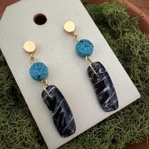 Boho Black Marble Teal Gold | Boutique Accent Earrings | Handmade Polymer Clay Earrings | Statement Dangle Earrings