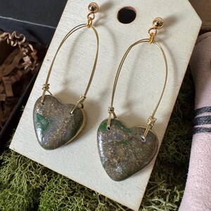 Green Gold Heart | Boutique Accent Earrings | Handmade Polymer Clay Earrings | Statement Dangle Earrings