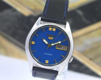 70年代ヴィンテージセイコー5ブルーダイヤル自動巻き腕時計7019-7370