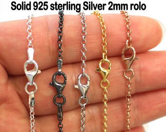 Rolo Chain Sterling Silver Necklace, 2mm Rolo Chain, Gold Plated, Rhodium Plated, Oxidized, Rose Gold Plated(16"- 36") SKU: 601005